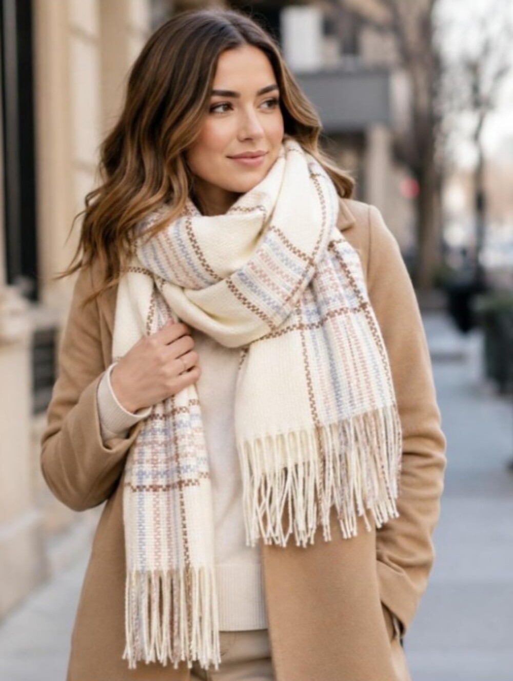 NEW! Cozy And Soft Cream Plaid Oversized Scarf